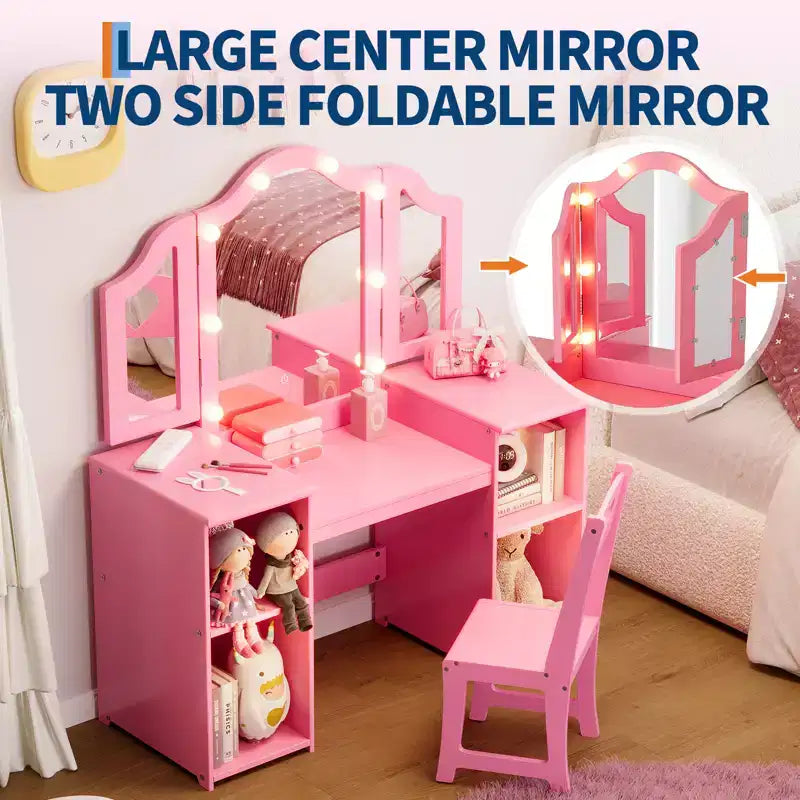 Coiffeuse et chaise 2-en-1 pour filles avec lumière, miroir triptyque détachable et ensemble de maquillage en bois - Coiffeuse de princesse avec rangement pour enfants