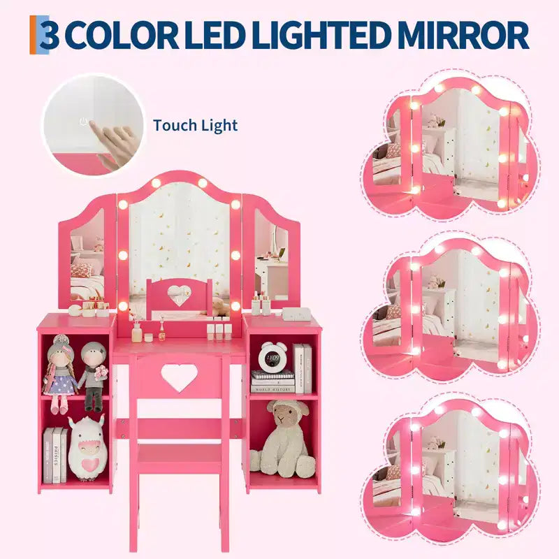 Coiffeuse et chaise 2-en-1 pour filles avec lumière, miroir triptyque détachable et ensemble de maquillage en bois - Coiffeuse de princesse avec rangement pour enfants