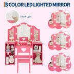 Coiffeuse et chaise 2-en-1 pour filles avec lumière, miroir triptyque détachable et ensemble de maquillage en bois - Coiffeuse de princesse avec rangement pour enfants