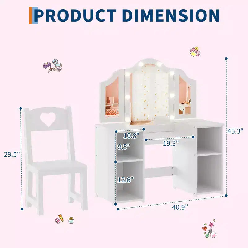 Coiffeuse et chaise 2-en-1 pour filles avec lumière, miroir triptyque détachable et ensemble de maquillage en bois - Coiffeuse de princesse avec rangement pour enfants