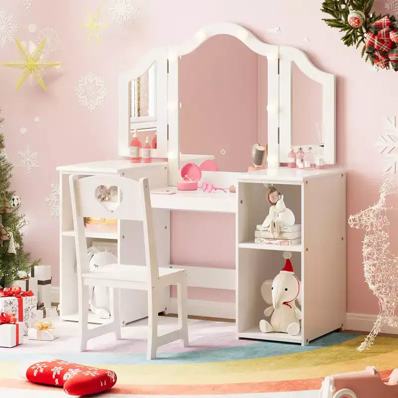 Coiffeuse et chaise 2-en-1 pour filles avec lumière, miroir triptyque détachable et ensemble de maquillage en bois - Coiffeuse de princesse avec rangement pour enfants