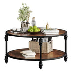 Table Basse Ronde Acekool, Table Centrale Rustique à 2 Niveaux avec Étagère de Rangement, Plateau en Bois et Pieds en Métal, Facile à Monter pour Salon