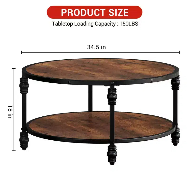 Table Basse Ronde Acekool, Table Centrale Rustique à 2 Niveaux avec Étagère de Rangement, Plateau en Bois et Pieds en Métal, Facile à Monter pour Salon