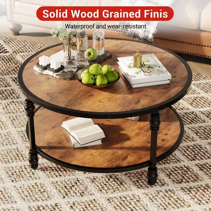 Table Basse Ronde Acekool, Table Centrale Rustique à 2 Niveaux avec Étagère de Rangement, Plateau en Bois et Pieds en Métal, Facile à Monter pour Salon