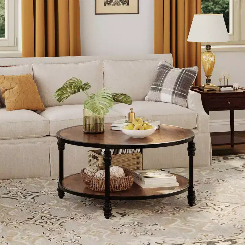 Table Basse Ronde Acekool, Table Centrale Rustique à 2 Niveaux avec Étagère de Rangement, Plateau en Bois et Pieds en Métal, Facile à Monter pour Salon