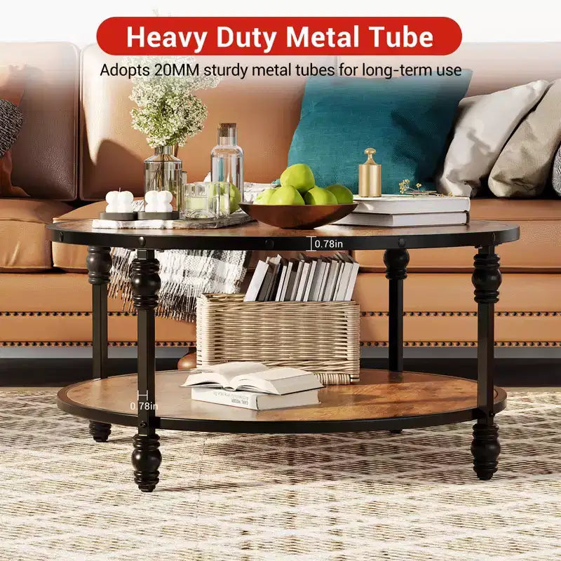 Table Basse Ronde Acekool, Table Centrale Rustique à 2 Niveaux avec Étagère de Rangement, Plateau en Bois et Pieds en Métal, Facile à Monter pour Salon