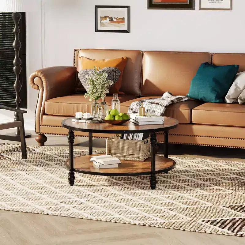 Table Basse Ronde Acekool, Table Centrale Rustique à 2 Niveaux avec Étagère de Rangement, Plateau en Bois et Pieds en Métal, Facile à Monter pour Salon