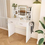 Coiffeuse Okak avec miroir et bandes réglables 3 couleurs, coiffeuse de maquillage avec 2 grands tiroirs et support pour sèche-cheveux, table de coiffure pour chambre à coucher, blanche