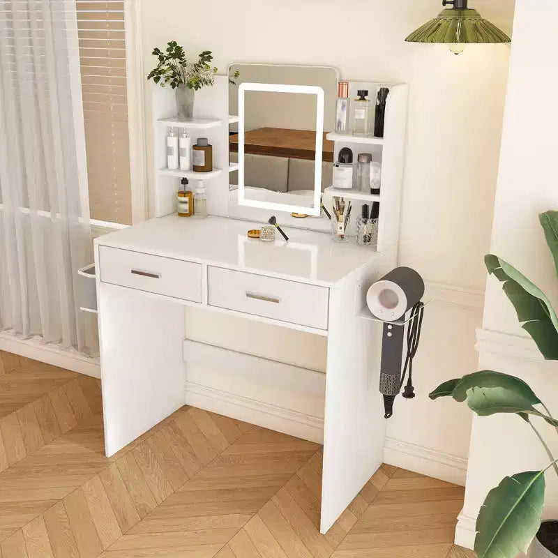 Coiffeuse Okak avec miroir et bandes réglables 3 couleurs, coiffeuse de maquillage avec 2 grands tiroirs et support pour sèche-cheveux, table de coiffure pour chambre à coucher, blanche