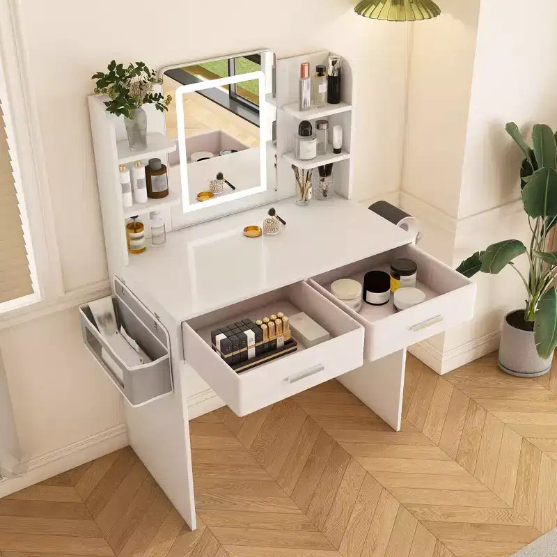 Coiffeuse Okak avec miroir et bandes réglables 3 couleurs, coiffeuse de maquillage avec 2 grands tiroirs et support pour sèche-cheveux, table de coiffure pour chambre à coucher, blanche