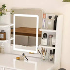 Coiffeuse Okak avec miroir et bandes réglables 3 couleurs, coiffeuse de maquillage avec 2 grands tiroirs et support pour sèche-cheveux, table de coiffure pour chambre à coucher, blanche