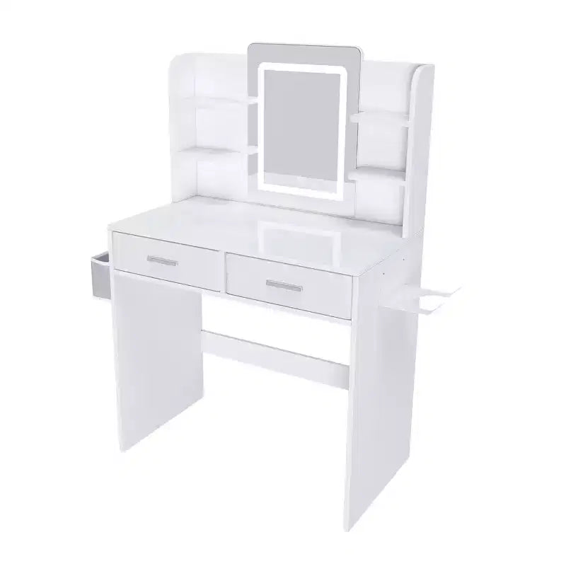 Coiffeuse Okak avec miroir et bandes réglables 3 couleurs, coiffeuse de maquillage avec 2 grands tiroirs et support pour sèche-cheveux, table de coiffure pour chambre à coucher, blanche