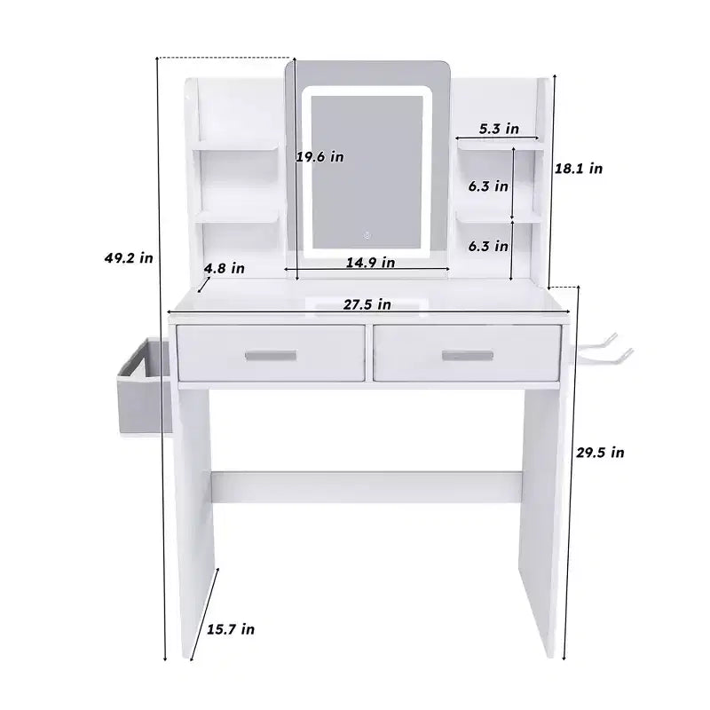 Coiffeuse Okak avec miroir et bandes réglables 3 couleurs, coiffeuse de maquillage avec 2 grands tiroirs et support pour sèche-cheveux, table de coiffure pour chambre à coucher, blanche