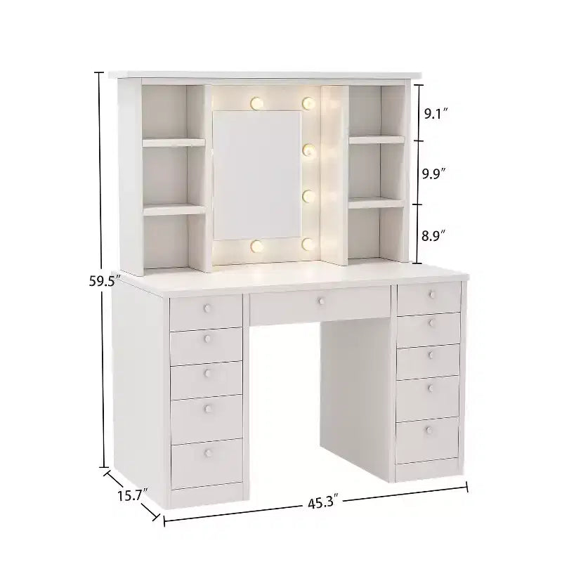 Grande coiffeuse Okak avec 11 tiroirs et 6 étagères ouvertes, coiffeuse de maquillage avec miroir et grand plateau, coiffeuse pour chambre à coucher, salon, blanc