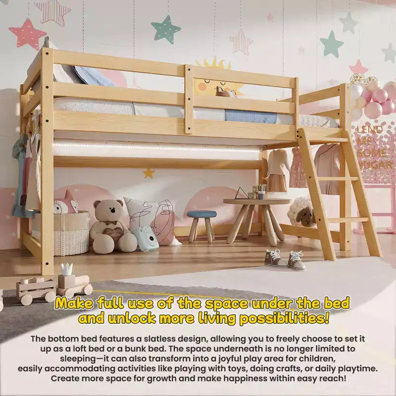 Lit mezzanine bas Bellemave pour enfants - Convertisssable en lit superposé, cadre en bois massif moderne avec éclairage LED, chêne.
