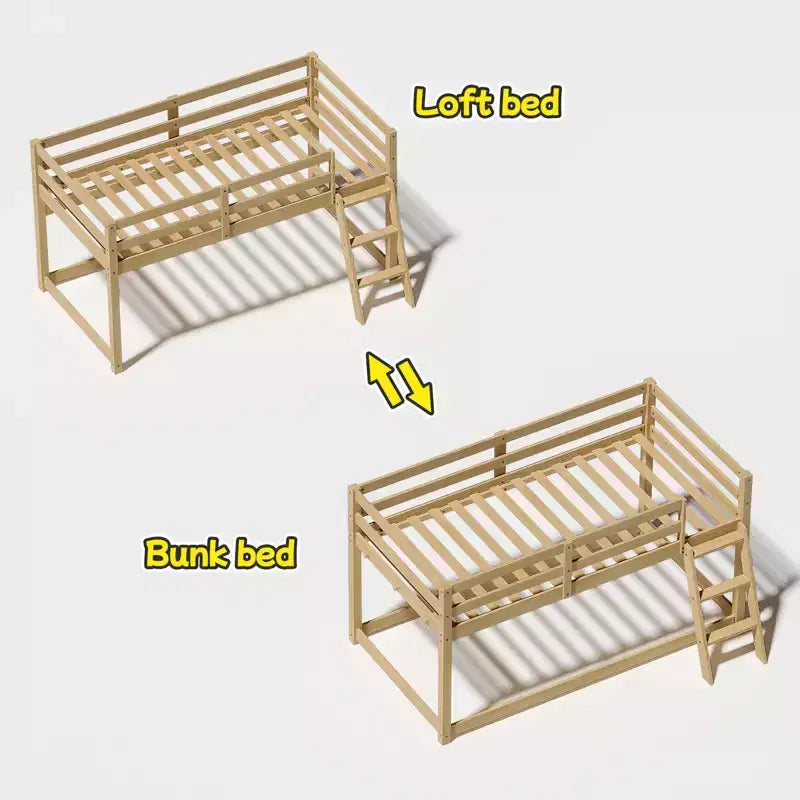 Lit mezzanine bas Bellemave pour enfants - Convertisssable en lit superposé, cadre en bois massif moderne avec éclairage LED, chêne.
