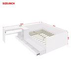 Lit plateforme double en bois Bellemave avec 6 tiroirs, étagères et coiffeuse, blanc