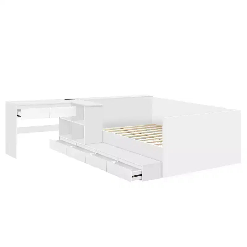 Lit plateforme double en bois Bellemave avec 6 tiroirs, étagères et coiffeuse, blanc