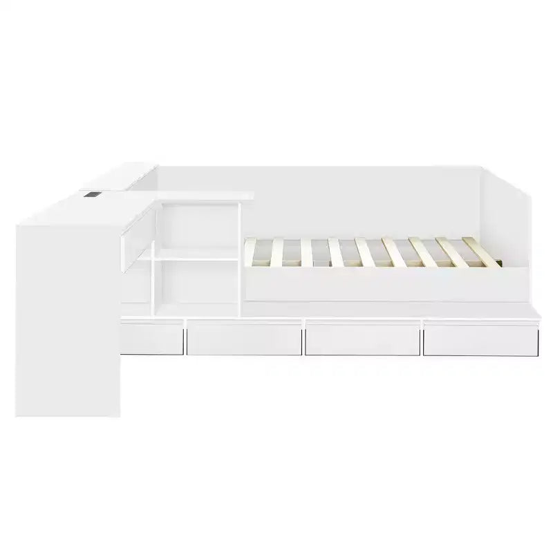 Lit plateforme double en bois Bellemave avec 6 tiroirs, étagères et coiffeuse, blanc