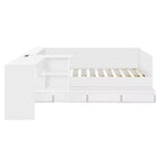 Lit plateforme double en bois Bellemave avec 6 tiroirs, étagères et coiffeuse, blanc
