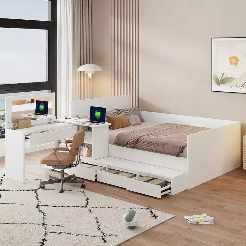 Lit plateforme double en bois Bellemave avec 6 tiroirs, étagères et coiffeuse, blanc