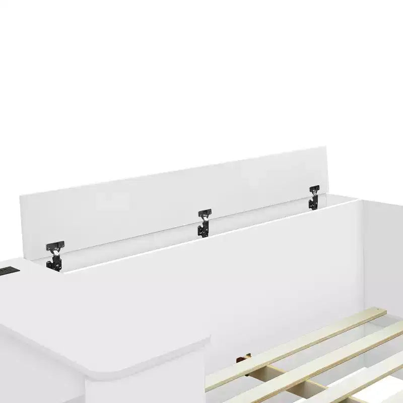 Lit plateforme double en bois Bellemave avec 6 tiroirs, étagères et coiffeuse, blanc