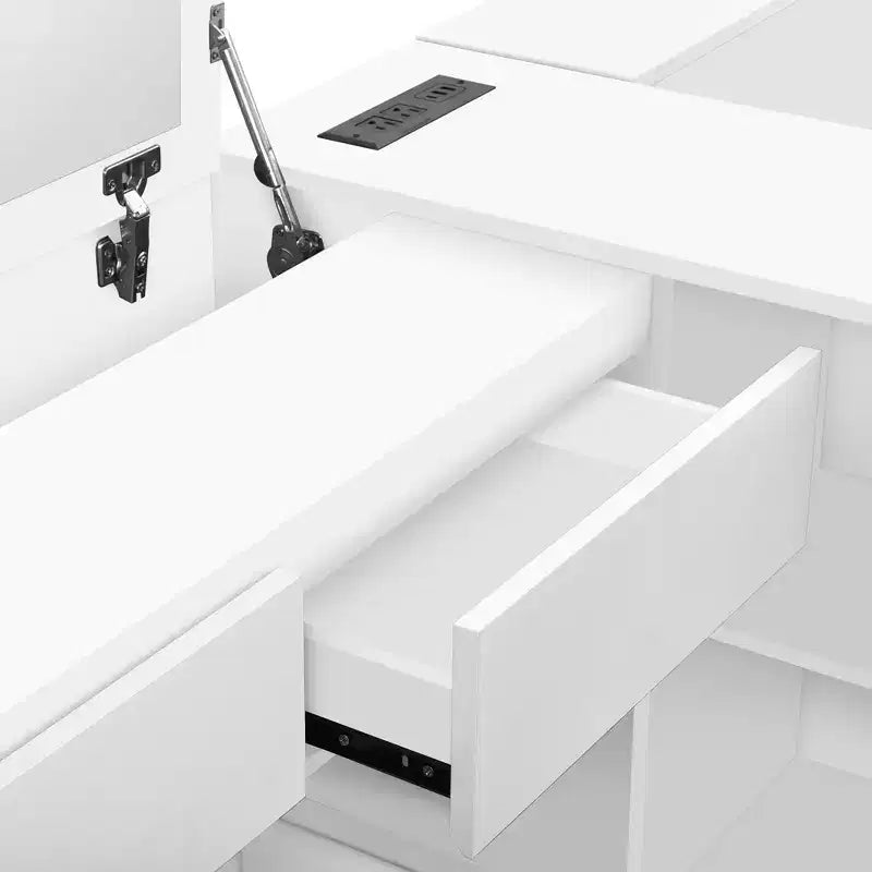 Lit plateforme double en bois Bellemave avec 6 tiroirs, étagères et coiffeuse, blanc