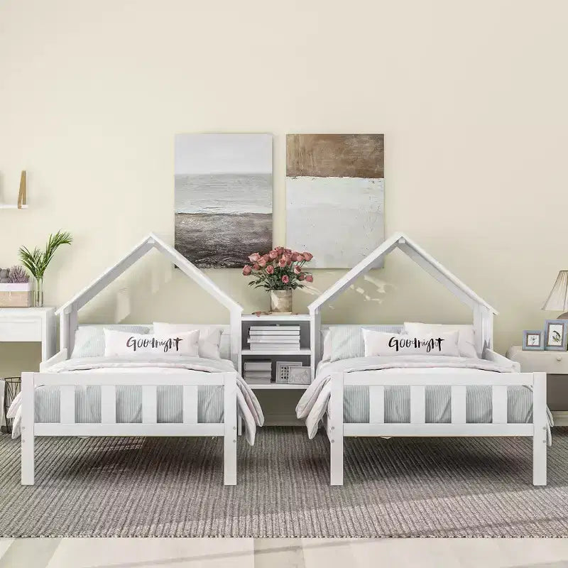 Bellemave Double Twin Size Platform Bed with House-shaped Headboard and a Built-in Nightstand, White