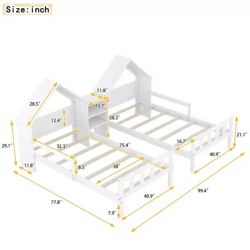 Lit plateforme double gigogne Bellemave avec tête de lit en forme de maison et table de chevet intégrée, Blanc
