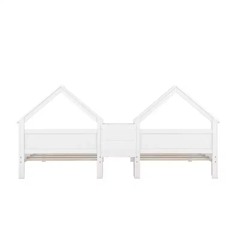 Lit plateforme double gigogne Bellemave avec tête de lit en forme de maison et table de chevet intégrée, Blanc