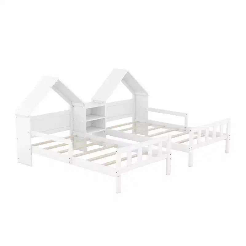 Lit plateforme double gigogne Bellemave avec tête de lit en forme de maison et table de chevet intégrée, Blanc