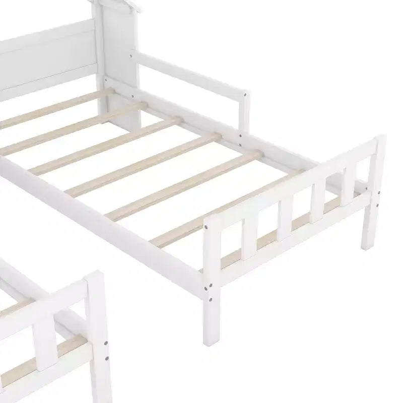 Lit plateforme double gigogne Bellemave avec tête de lit en forme de maison et table de chevet intégrée, Blanc