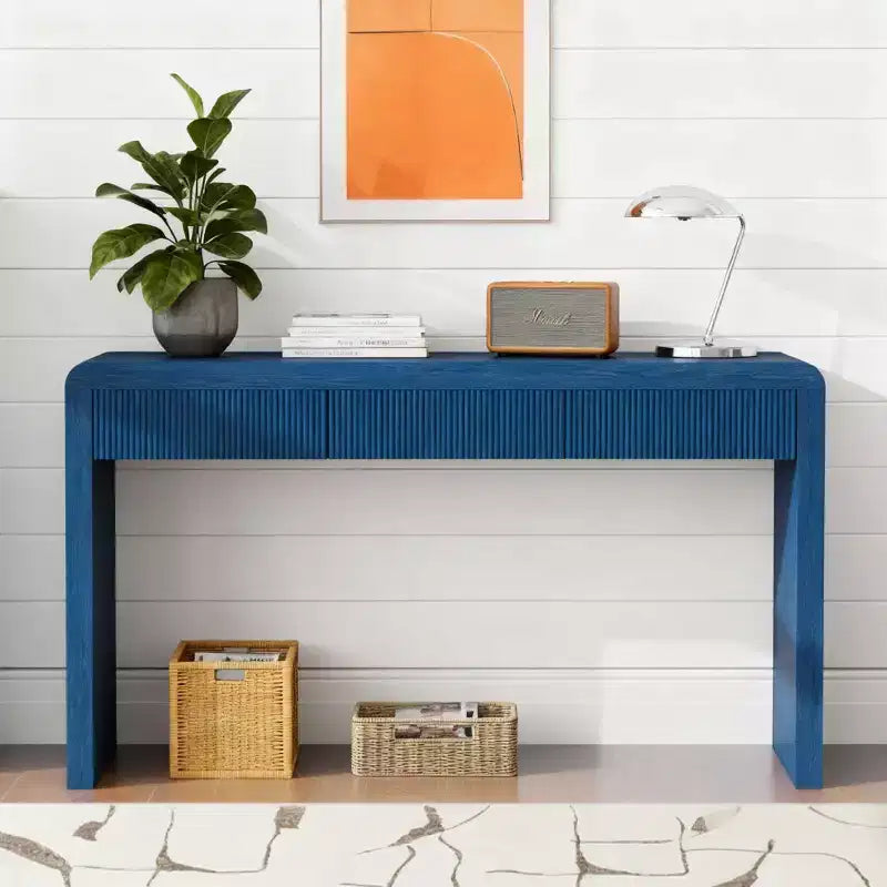 Table console rustique Luxystar avec 3 tiroirs cannelés, placage en bois massif et grain de bois naturel pour salon, couloir
