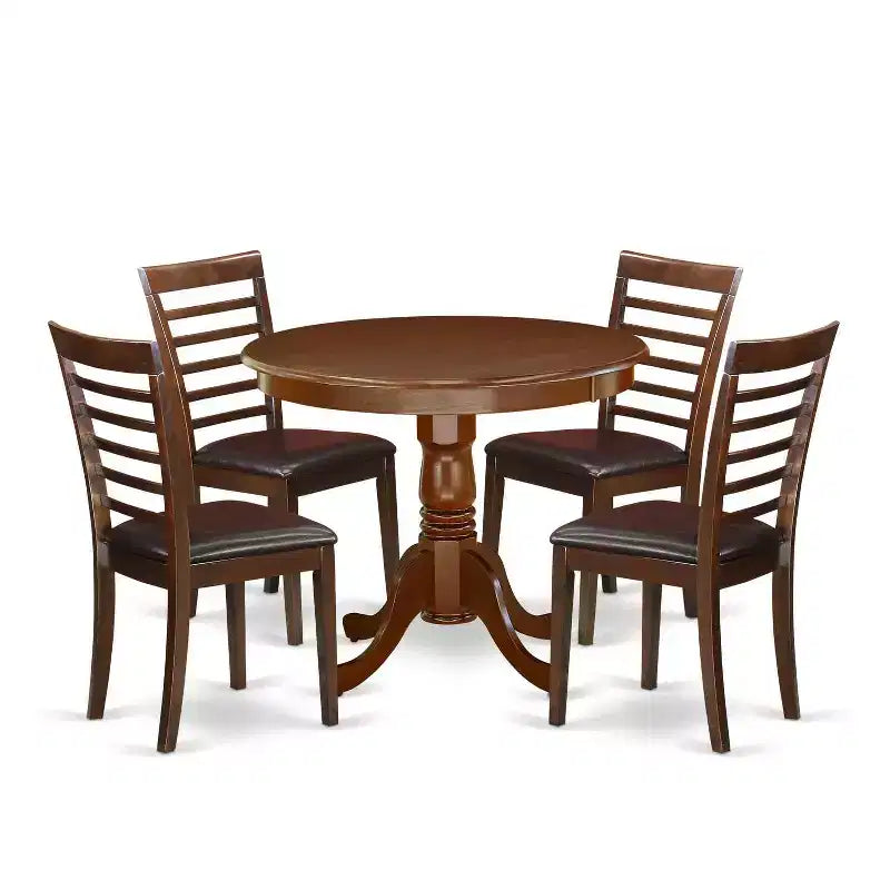 HomeStock 5-Piece Round Mahogany Finish Solid Wood Top Dining table with 4-Chairs