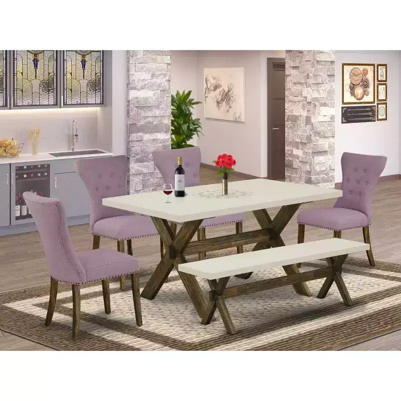 HomeStock Table de salle à manger rectangulaire 6 pièces en bois massif finition jacobéen vieilli avec 1 banc et 4 chaises