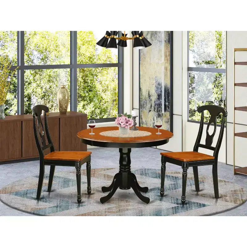 Table de salle à manger HomeStock 3 pièces ronde en bois massif, finition noire et merisier, avec 2 chaises