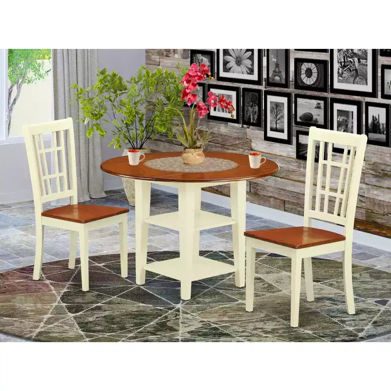 Ensemble de salle à manger 3 pièces HomeStock avec table ronde à plateau en bois massif finition cerisier et couleur crème