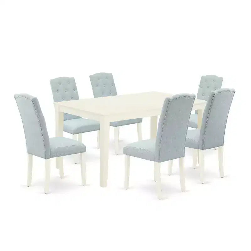 HomeStock 7-Piece Rectangle Linen White Finish Solid Wood Top Dining Table with 6-Parson Chairs