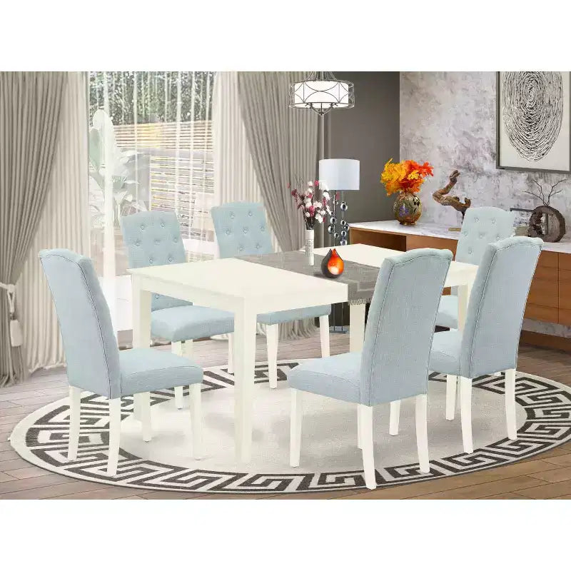 HomeStock Table de salle à manger rectangulaire 7 pièces en lin blanc avec plateau en bois massif et 6 chaises Parson