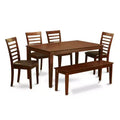 HomeStock 6-Piece Rectangle Mahogany Finish Solid Wood Top Dining Table with 1 Bench, 4 Chairs