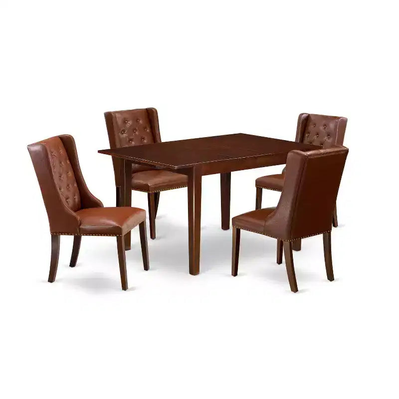 5-Piece Mahogany Finish Solid Wood Top Rectangular Button Tufted Dining Room Set (Seats-4)