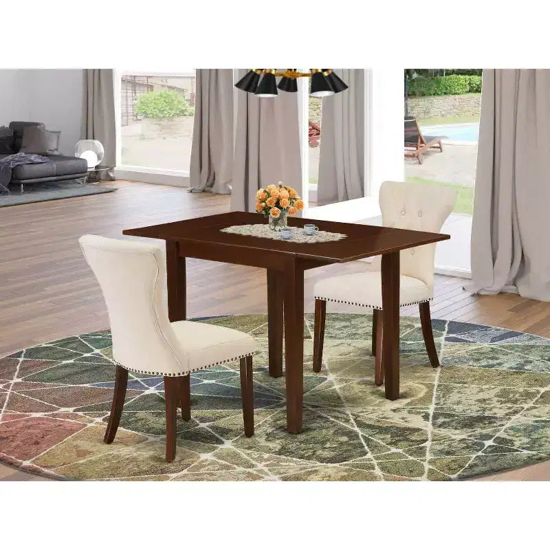 Ensemble de salle à manger 3 pièces HomeStock, dessus en bois massif rectangulaire, finition acajou avec rallonges