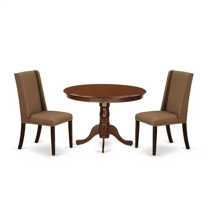 3-Piece Mahogany Finish Solid Wood Top-Round Upholstered Dining Room Set-Seats 4