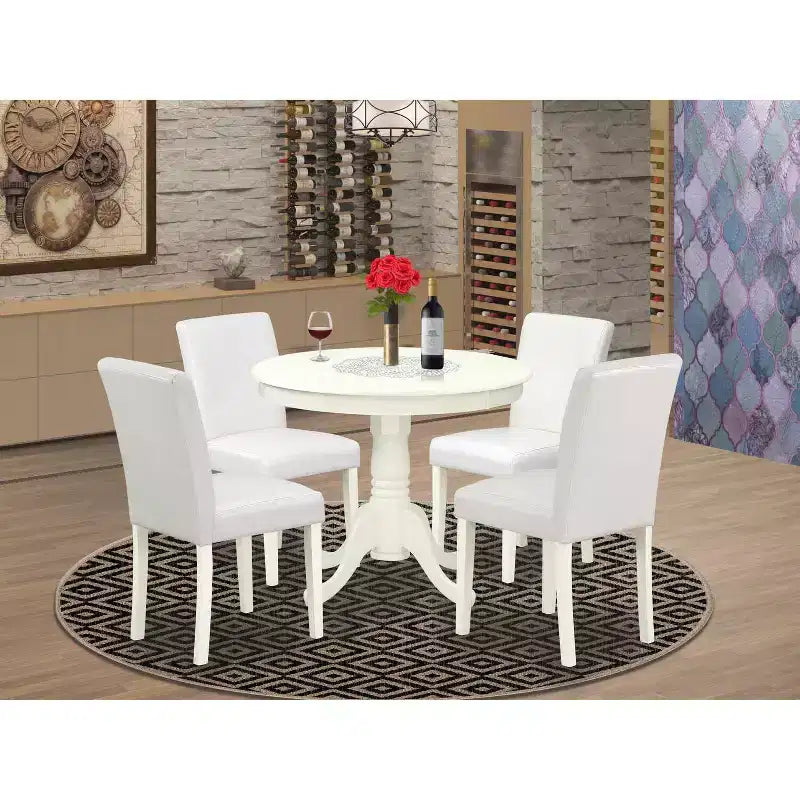 Ensemble de salle à manger bohème 5 pièces - Table ronde et 4 chaises Parsons - 91 cm - Blanc lin