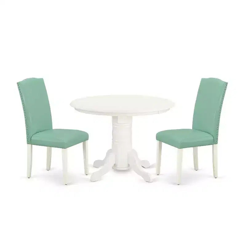 Dinette Set 3Pc Round Table & 2 Parsons Chairs - 42 Kitchen Table Set - Linen White Legs, Pond PU Leather