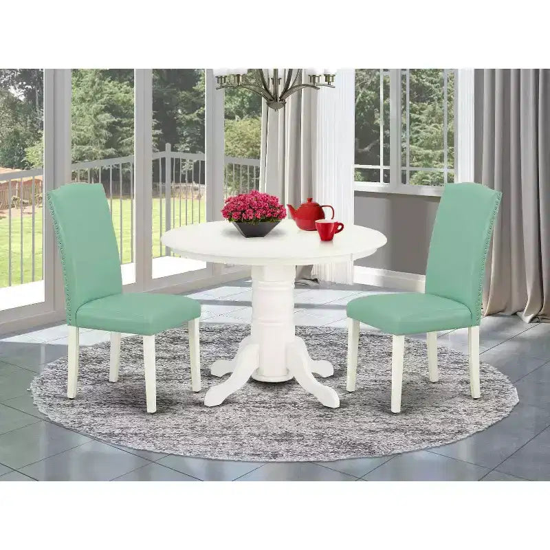 Ensemble de salle à manger 3 pièces Table ronde et 2 chaises Parsons - Ensemble table de cuisine 42 po - Pieds blancs lin, cuir PU Pond
