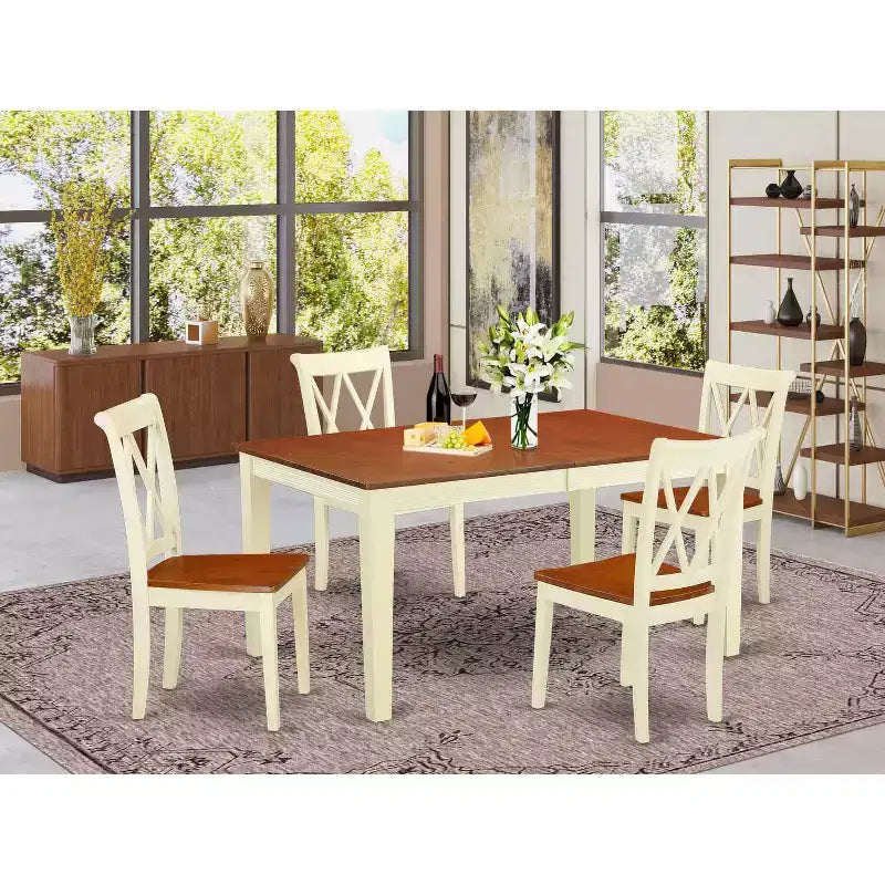 Ensemble de salle à manger rectangulaire 137x168 cm avec rallonge et 4 chaises à double dossier en X - HomeStock