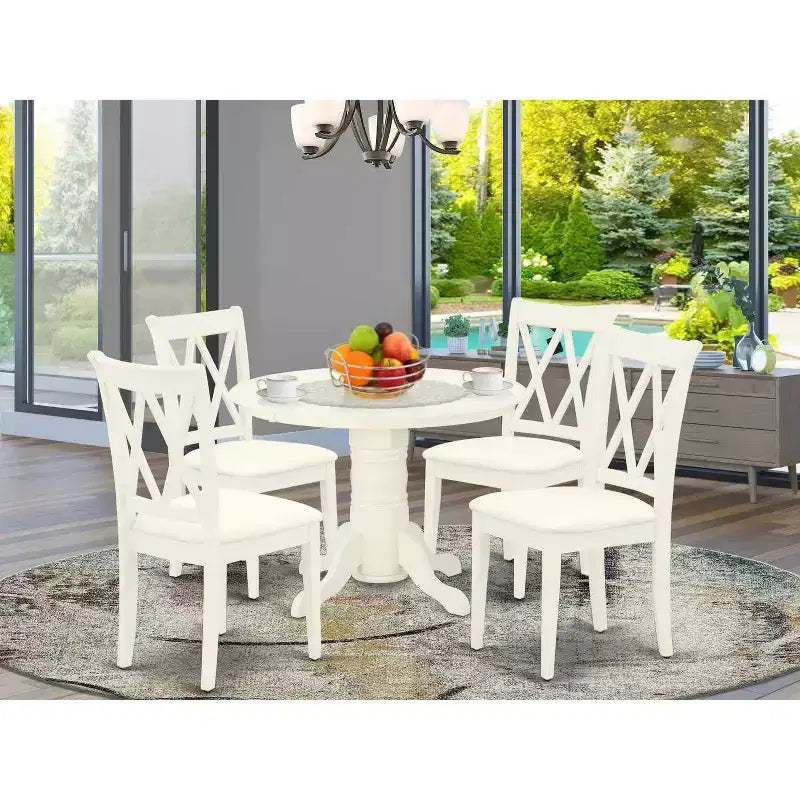 HomeStock – Ensemble de salle à manger 5 pièces en bois massif, plateau rond couleur crème et merisier, avec 4 chaises à dossier croisé