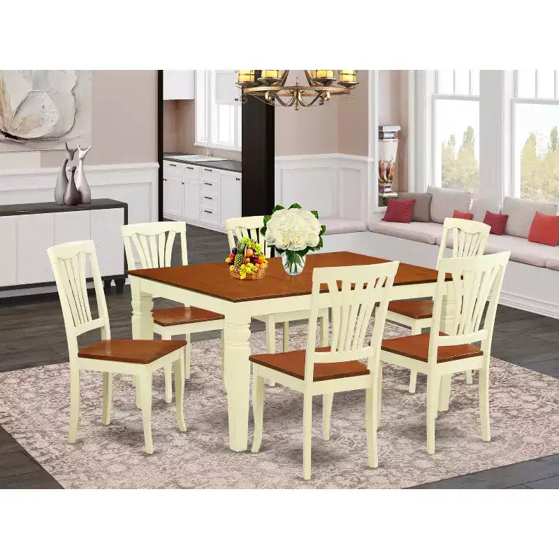 Table à manger HomeStock 7 pièces avec plateau en bois massif finition cerisier et crème, et 6 chaises