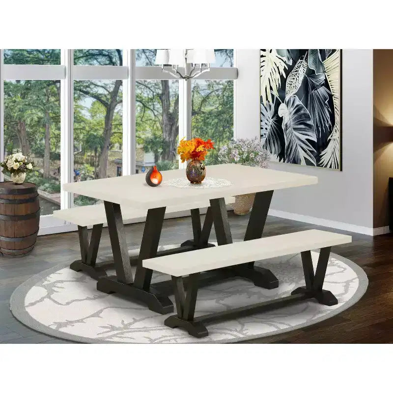 Table à manger HomeStock 3 pièces, plateau rectangulaire en bois massif finition chêne naturel avec 2 bancs